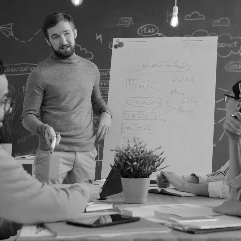 Team leader presenting a campaign plan at a whiteboard, in black and white