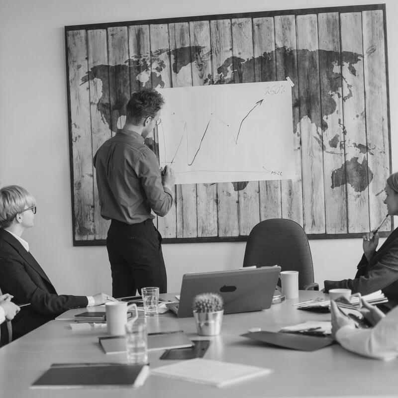 Professional presenting a strategy to colleagues in a conference room, in black and white